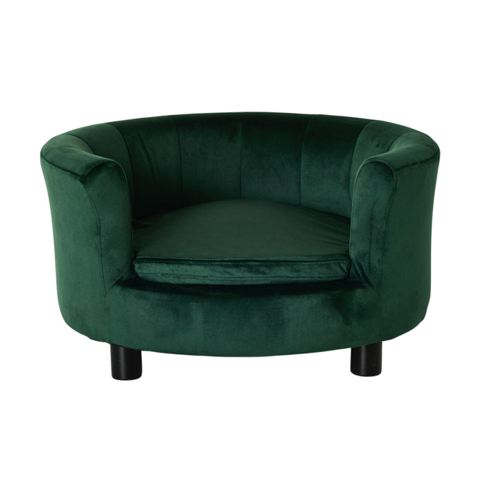 Vivienne Velvet Pet Bed in forest green features plush padding, a rounded backrest, and four short black legs for an elevated design. Measures 65x65x36cm. Shown on a white background.