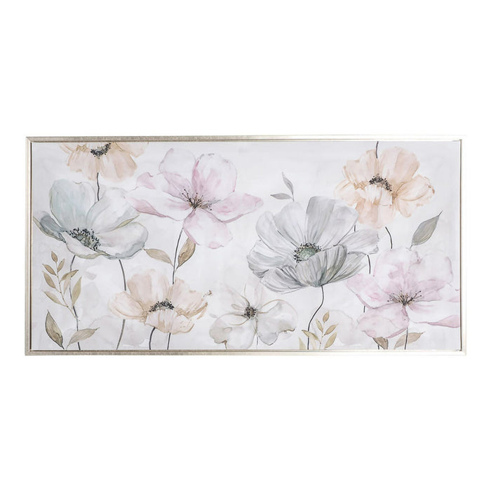 The Arthouse Delightful Blooms Silver Framed Print (100x50cm) features pastel watercolor flowers in blue, pink, and peach with green leaves on textured canvas, set against a white background.