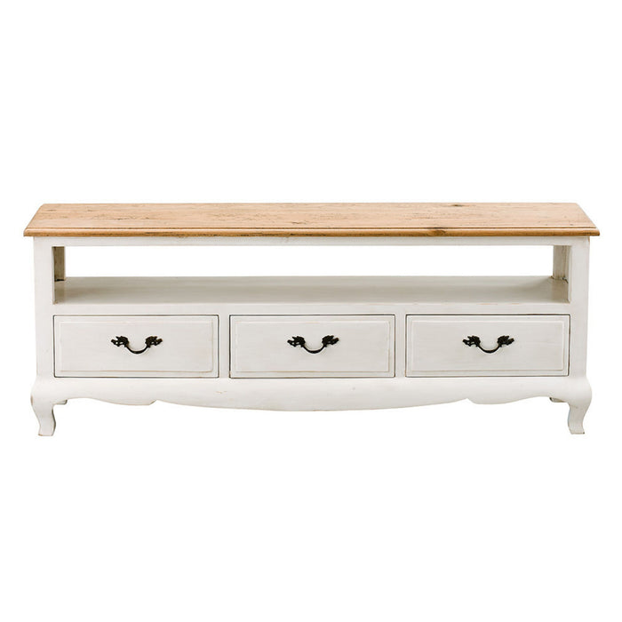 The Provincial Oak 3 Drawer TV Unit Distressed White features a light brown solid oak top, a white body, three drawers with black handles, cabriole legs, and an open shelf above the drawers.