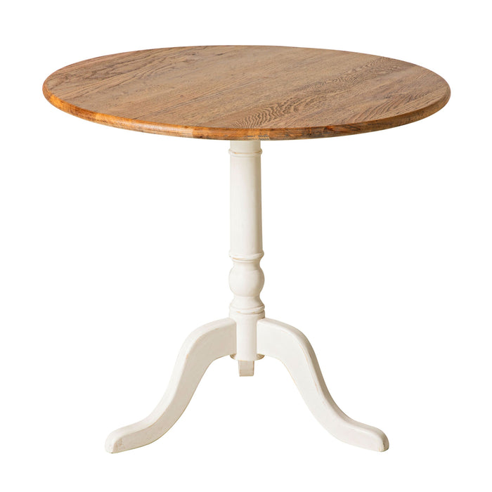 The Provincial Oak Drop-Down Cafe Table showcases a solid oak tabletop and a white pedestal base with three curved legs, embodying French provincial style.