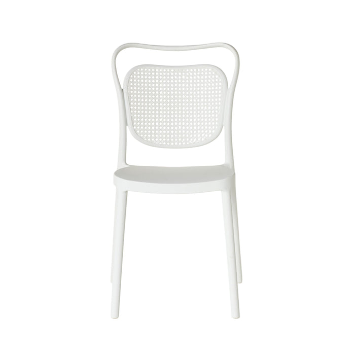 The Frankie Dining Chair White features a curved perforated backrest, made from durable polypropylene and is shown against a plain white background.