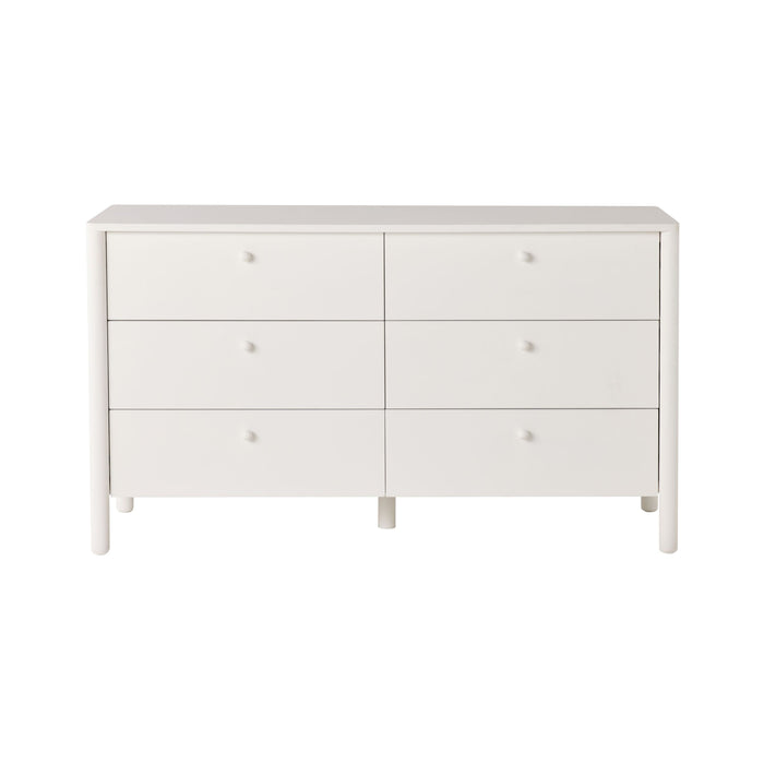 The Spintara 6 Drawer Low Chest White features a minimalist design with rounded edges, crafted from pine timber. It is shown against a plain white background.