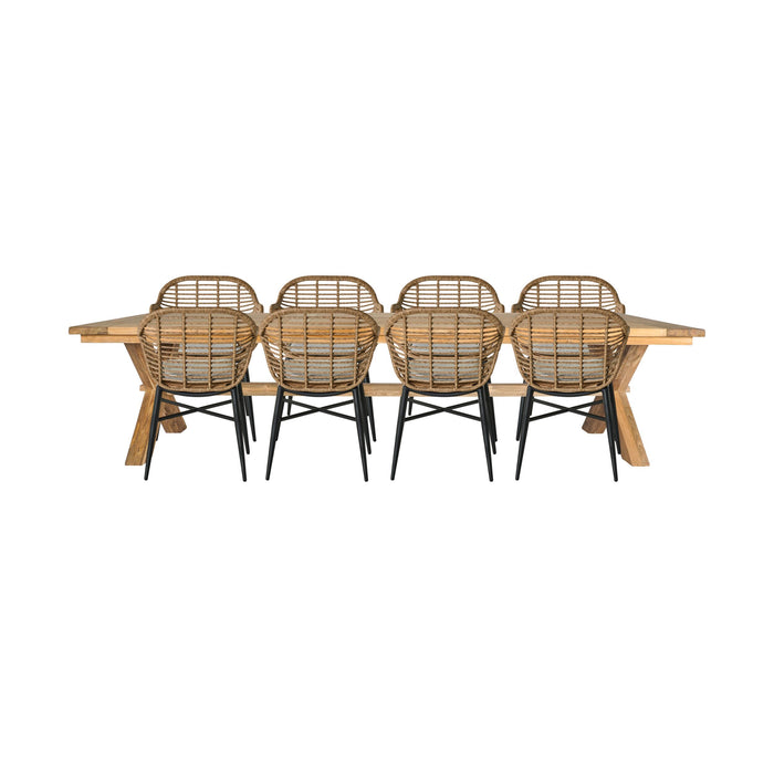 Reclaimed Teak Dining Table 320cm with 8 Natural Wicker Deck Chairs
