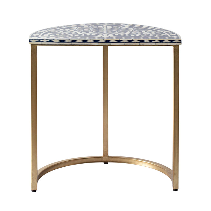 Bone Inlay Half Moon Side Table Blue with Gold Frame 53cm
