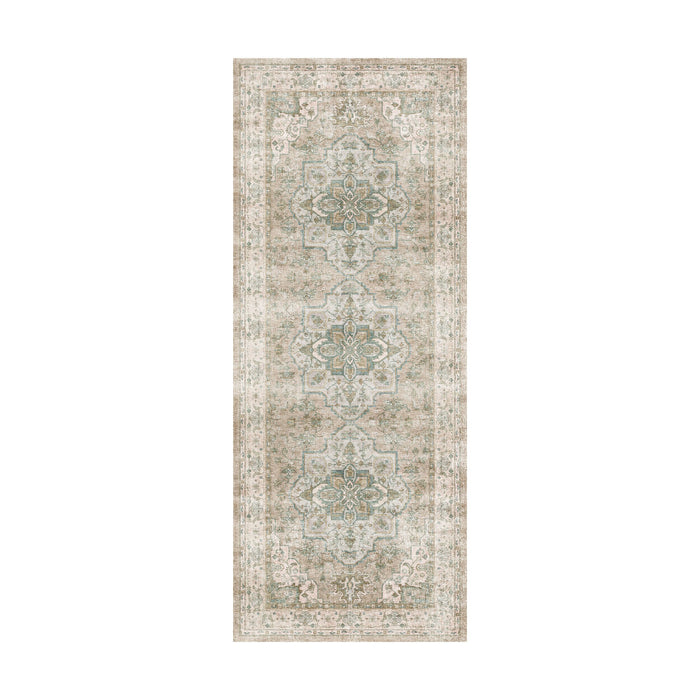 The Manisa Washable Runner 80x200cm is a rectangular Persian-style rug with a faded beige base, three blue and cream central medallions, a subtle floral border, and a 7mm pile height for added comfort underfoot.