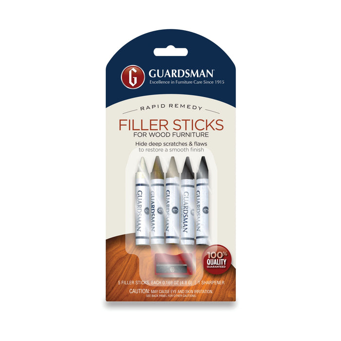 Guardsman Filler Sticks include five assorted colors and a sharpener, expertly designed to conceal deep scratches and restore the look of wood furniture.