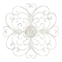 The Swirl Wall Hanging features intricate swirling patterns and a central floral design, crafted from fine iron in an ornate antique white finish. Size: 93x1x93 cm.