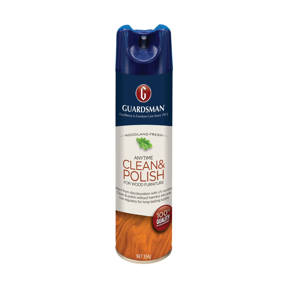 A 354g aerosol can of Guardsman Revitalising Wood Polish UV Protection features product details on the front label and provides effective wood cleaning and added UV protection.