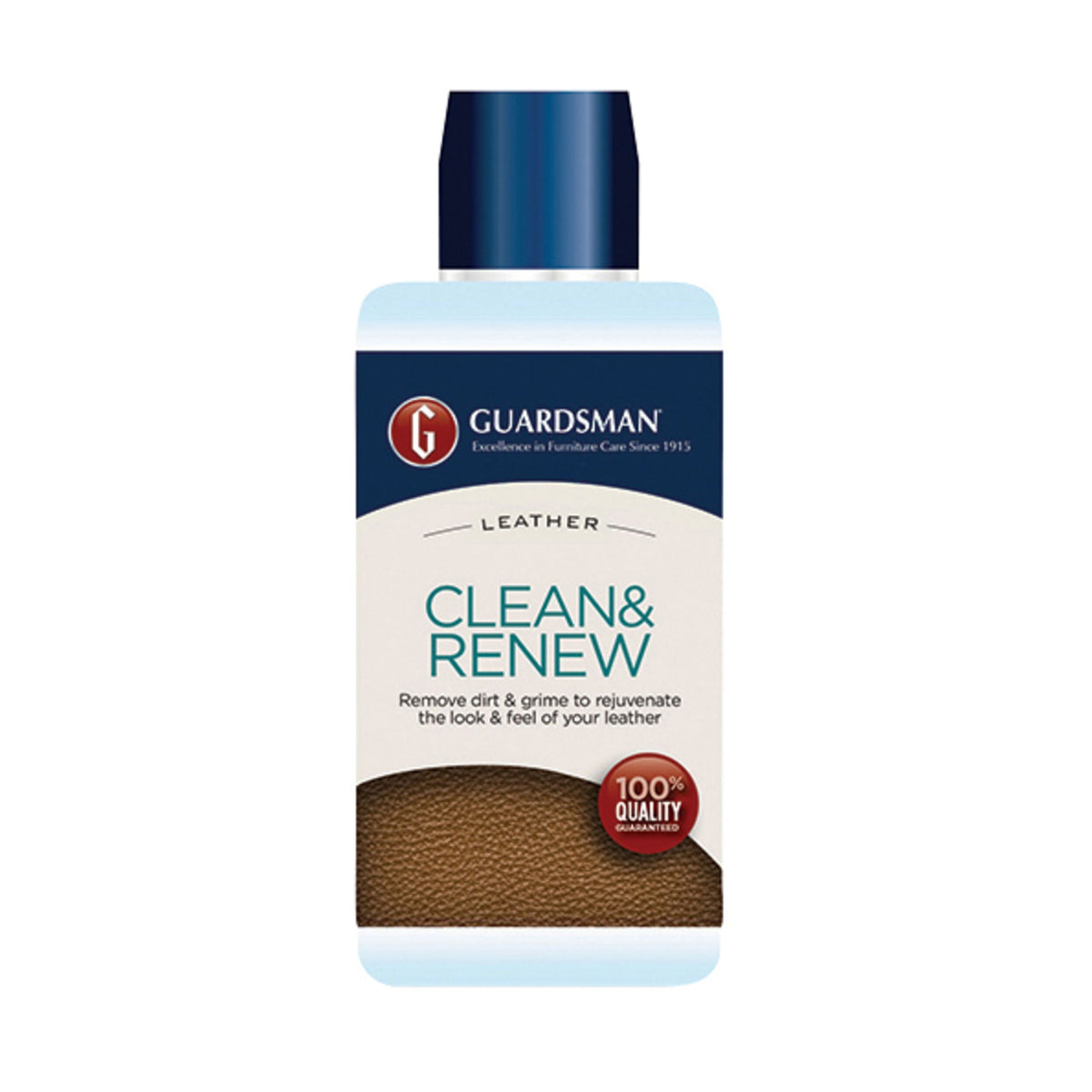 A 250ml bottle of Guardsman Leather Cleaner with a blue cap and label, formulated to remove dirt and rejuvenate leather with its pH balanced, streak-free formula.