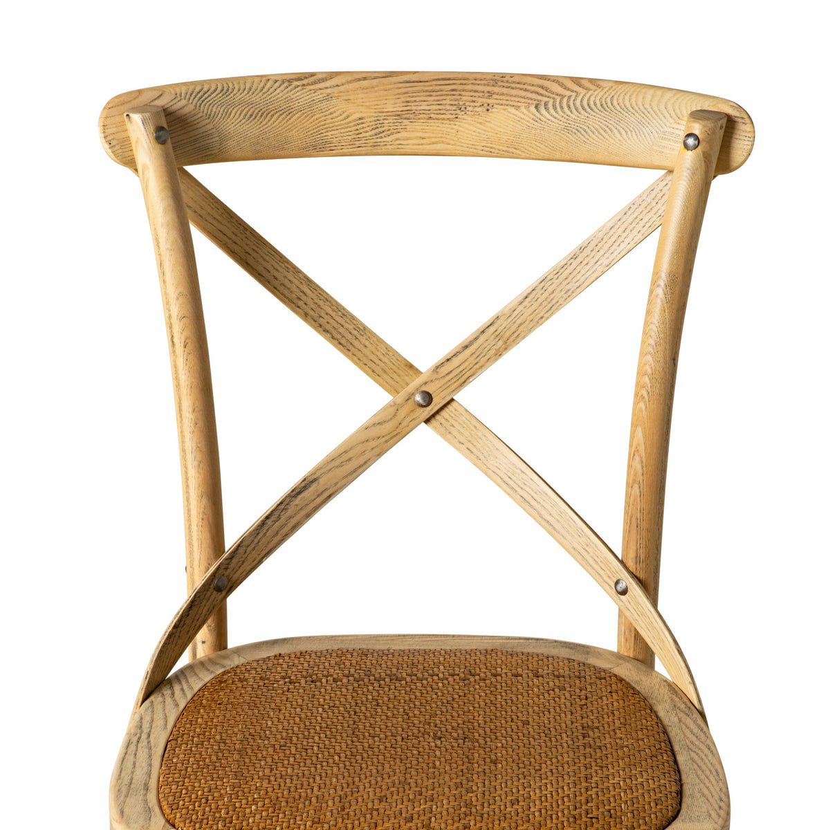 The Provincial Cross Back Dining Chair Natural Oak features an X-shaped backrest and woven seat in French Provincial style, photographed against a white background.