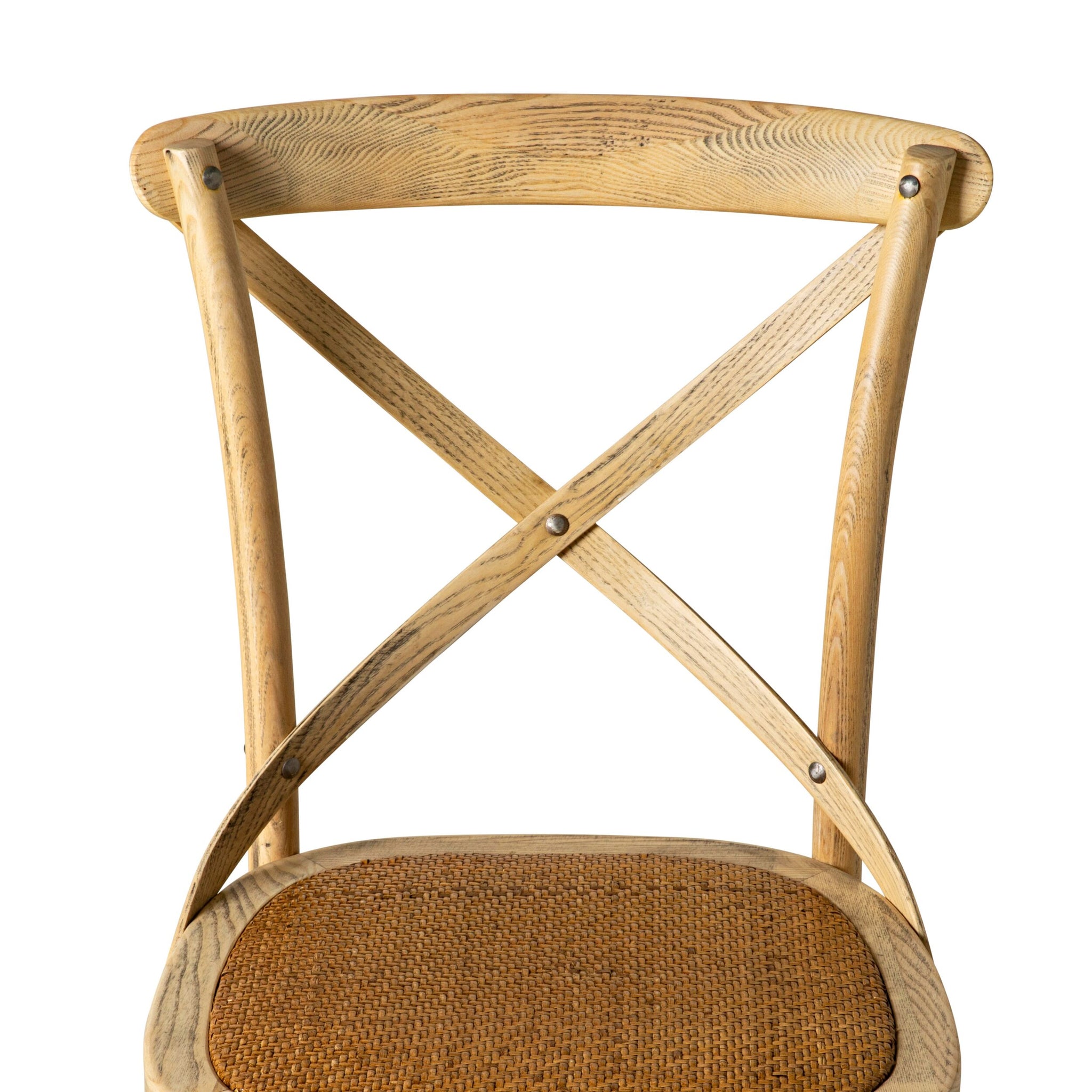 The Provincial Cross Back Dining Chair Natural Oak features an X-shaped backrest and woven seat in French Provincial style, photographed against a white background.