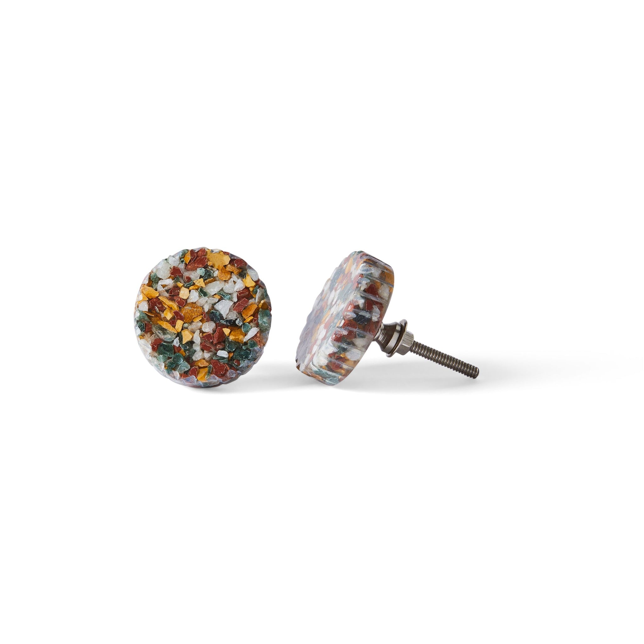 Two Speckle Multi Color Knob 4.2cm with vibrant mosaic design and metal screws, perfect for adding a playful terrazzo accent to your home decor. Displayed against a white background.