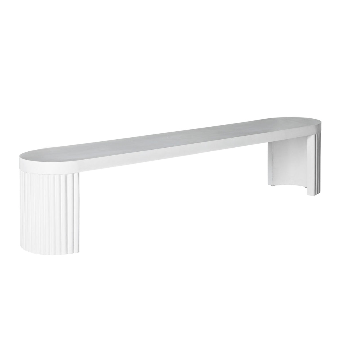 Discover the Ripple Curved Outdoor Dining Bench, a sleek white bench with rounded edges and ribbed cylindrical supports, ideal for enhancing your contemporary outdoor furniture.