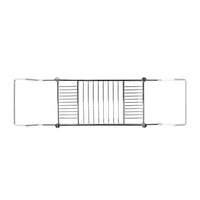 The Regency Bath Caddy Chrome features a sleek finish with parallel metal bars and two adjustable side handles, offering both elegance and durability.