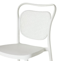 The Frankie Dining Chair White boasts a smooth white seat, a rounded backrest, and a perforated back panel made from durable polypropylene.