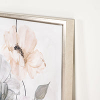 The Arthouse Delightful Blooms Silver Framed Print (100x50cm) showcases a pastel watercolor painting of flowers on textured canvas with a metallic silver frame against a plain background.