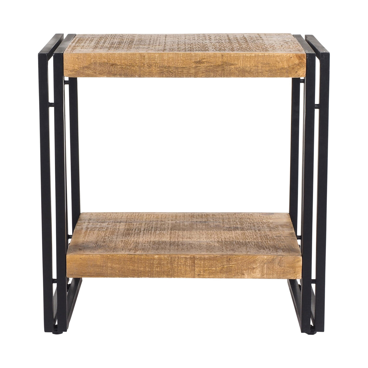 The Fulham Side/Bedside Table is a compact wooden shelf with two tiers, crafted from mango wood and featuring a sleek black steel frame for contemporary flair.