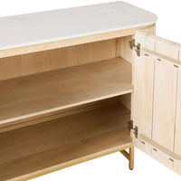 The Deva 2 Door Buffet (114 x 80 x 43cm) features a whitewashed mango wood design, a white marble top, and an open door with two spacious shelves.