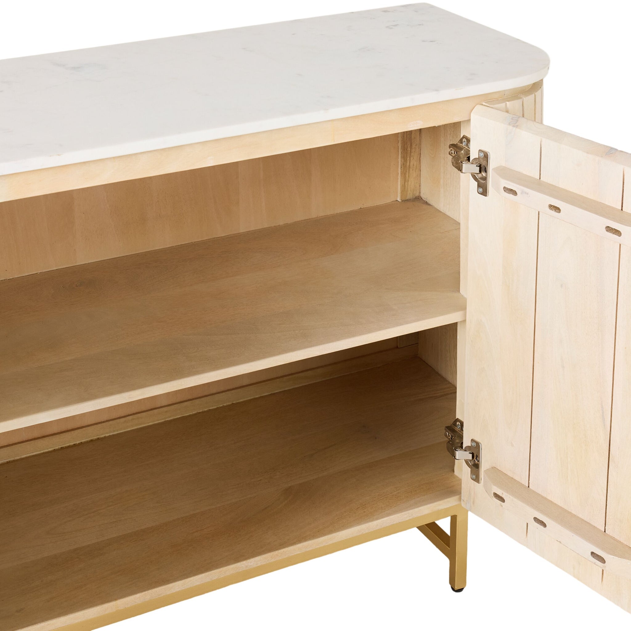 The Deva 2 Door Buffet (114 x 80 x 43cm) features a whitewashed mango wood design, a white marble top, and an open door with two spacious shelves.