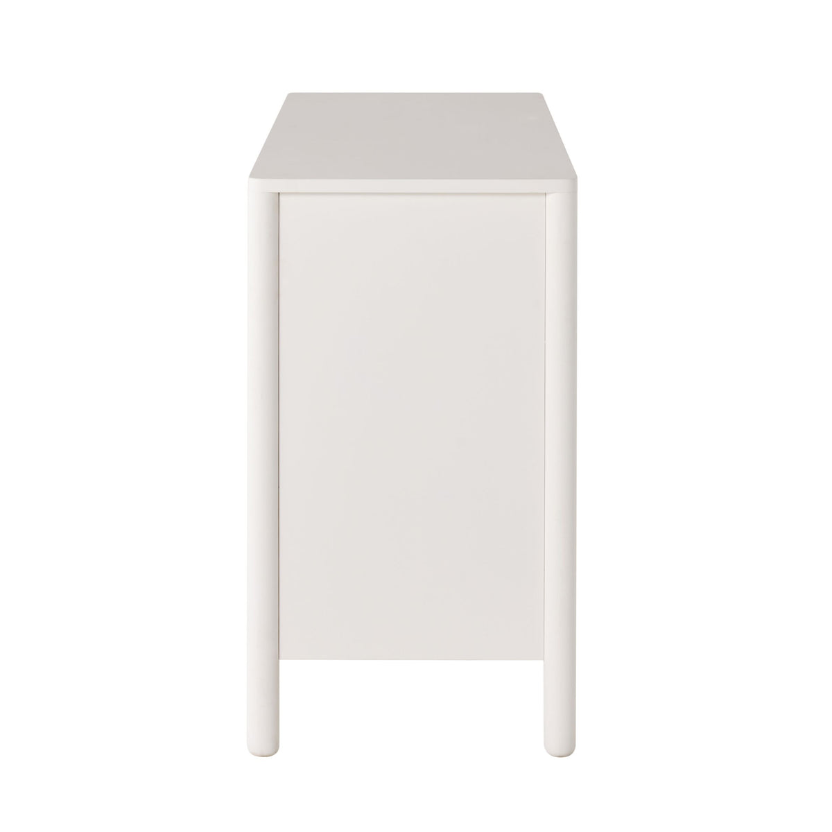 Side view of the Spintara 6 Drawer Low Chest in white, featuring a plain rectangular design with rounded legs and clean lines, shown against a white background.