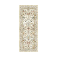 The Tarot Nouveau Washable Runner 80x200cm features a light beige background with intricate floral and vine patterns in muted tones and a decorative border, offering a traditionally ornate design.