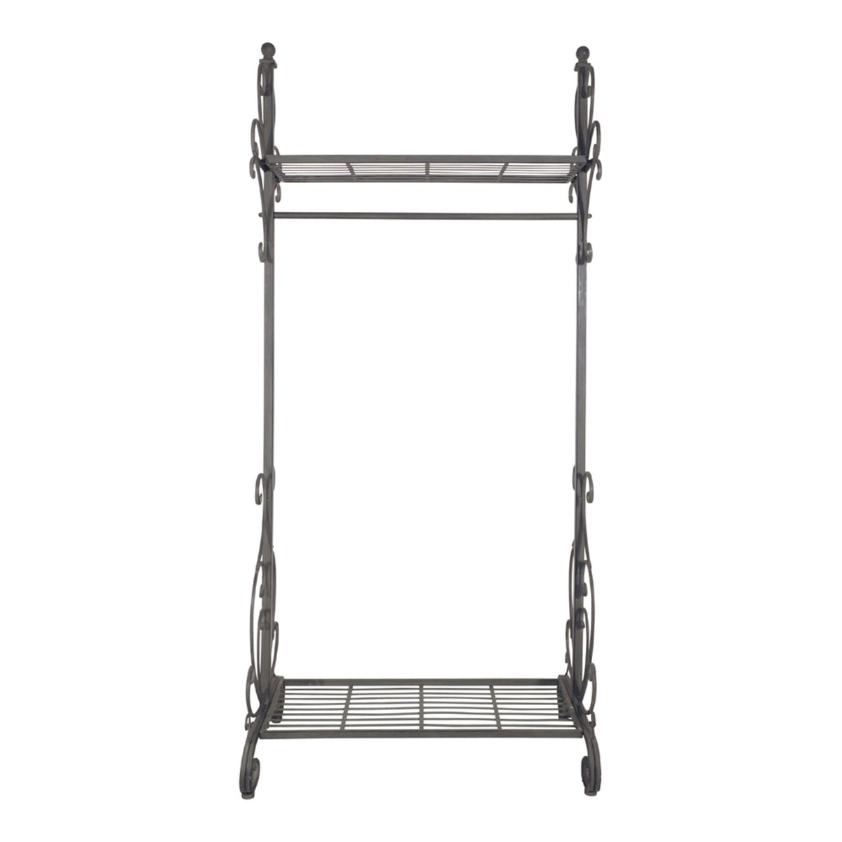 Arlette Coat Rack Rail: A vintage silver metal rack with decorative side scrolls, featuring one top and one bottom iron wire shelf.