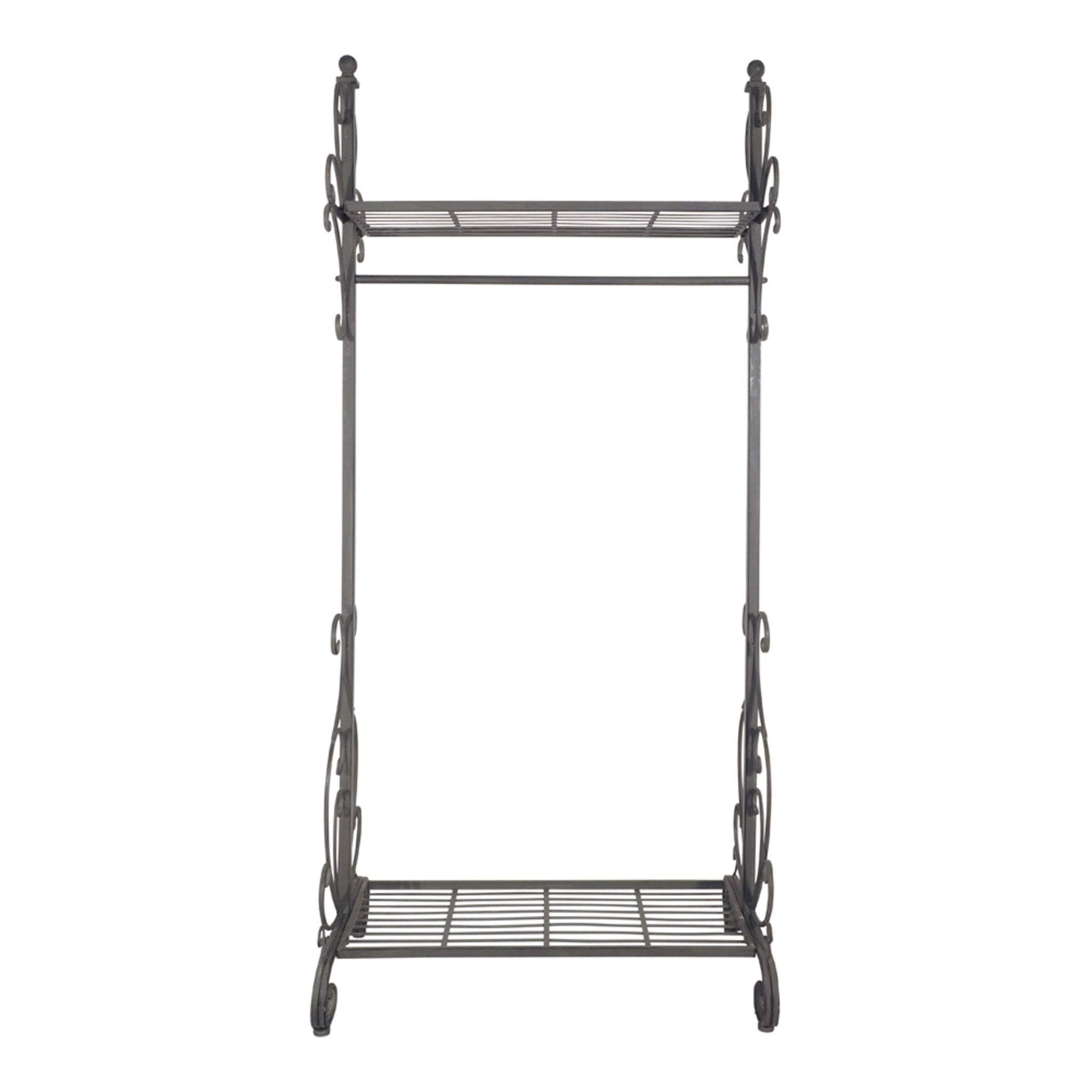 Arlette Coat Rack Rail: A vintage silver metal rack with decorative side scrolls, featuring one top and one bottom iron wire shelf.