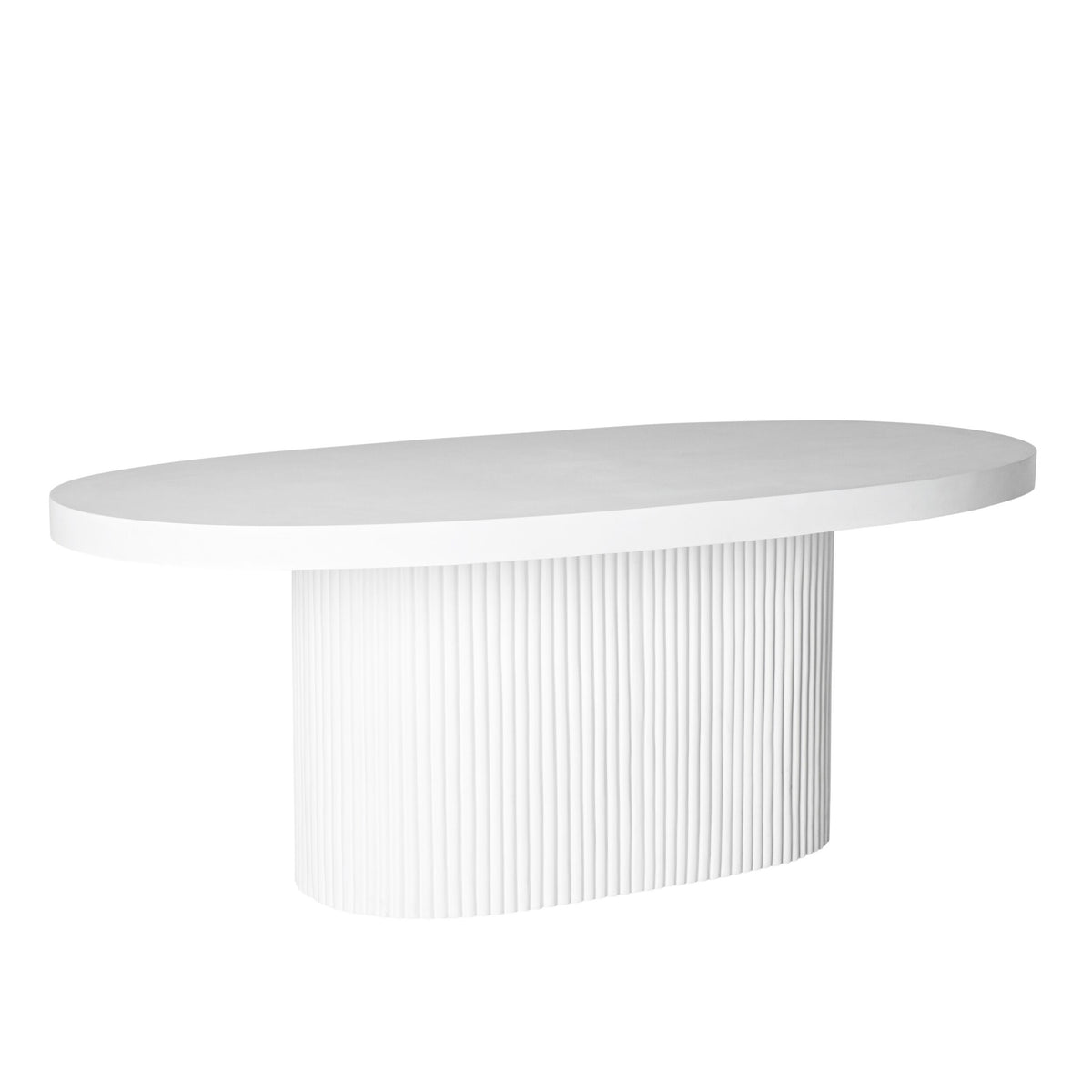 The Ripple Curved Outdoor Dining Table 200cm with Ripple Curved Outdoor Dining Bench Package showcases a white oval top and vertically striped cylindrical base, delivering elegant, contemporary style against a plain white background.