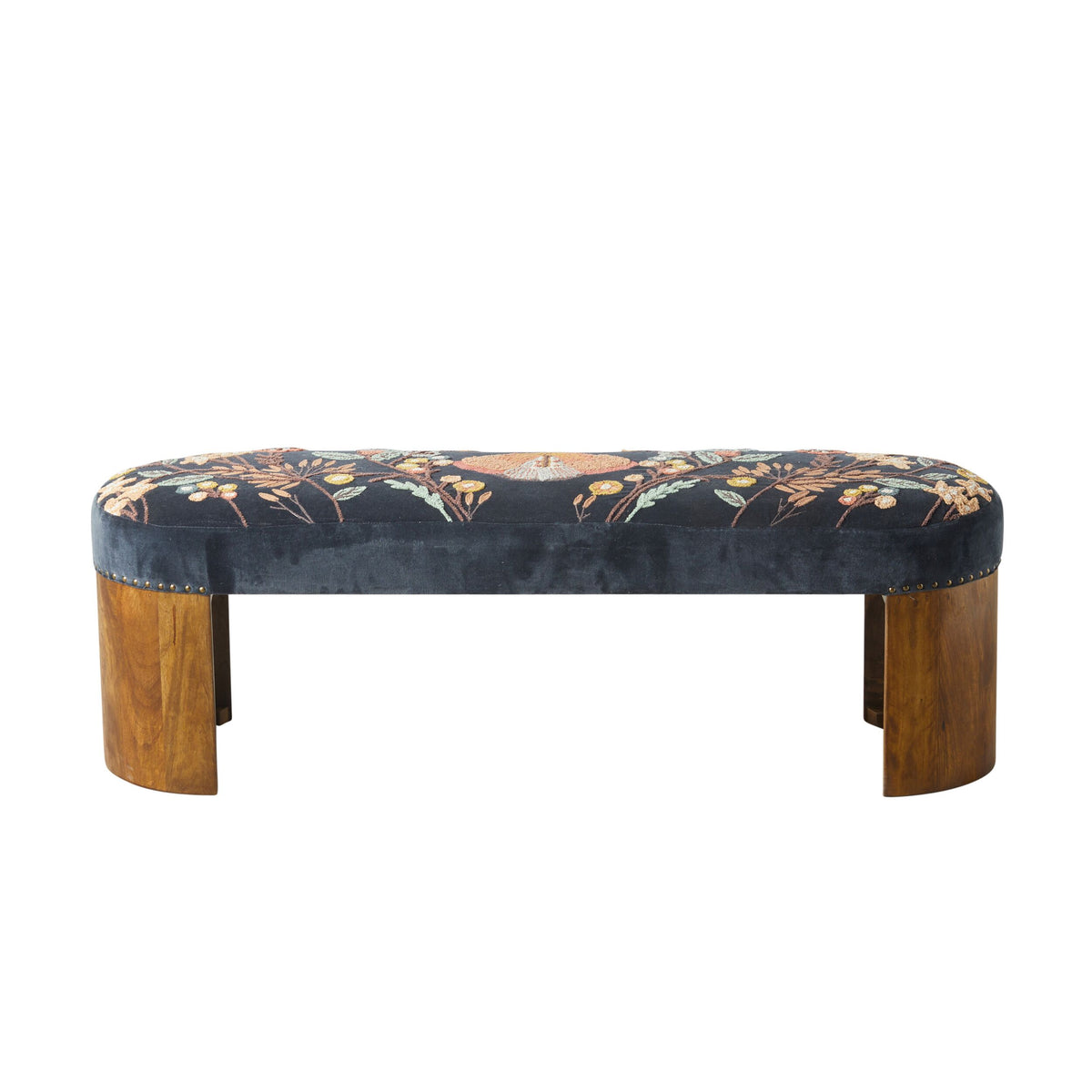 Freya Embroidered Bench Dark Blue Velvet