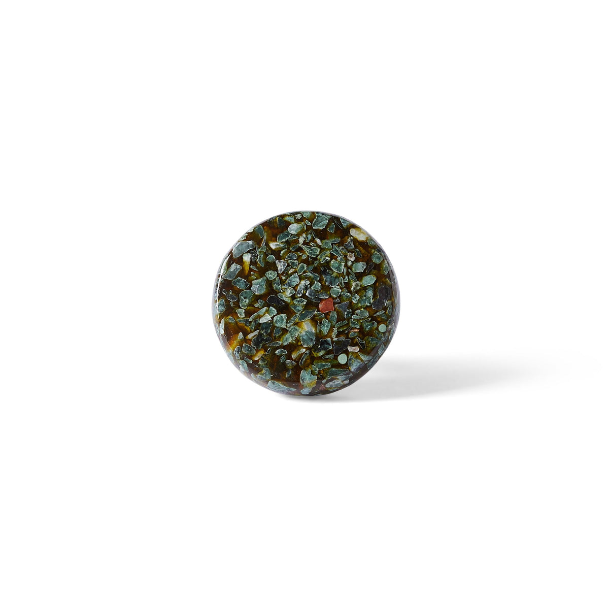 The Speckle Emerald Knob 4.5cm features a round terrazzo design with a textured green and brown speckled surface, shown against a plain white background with a subtle shadow on the right.