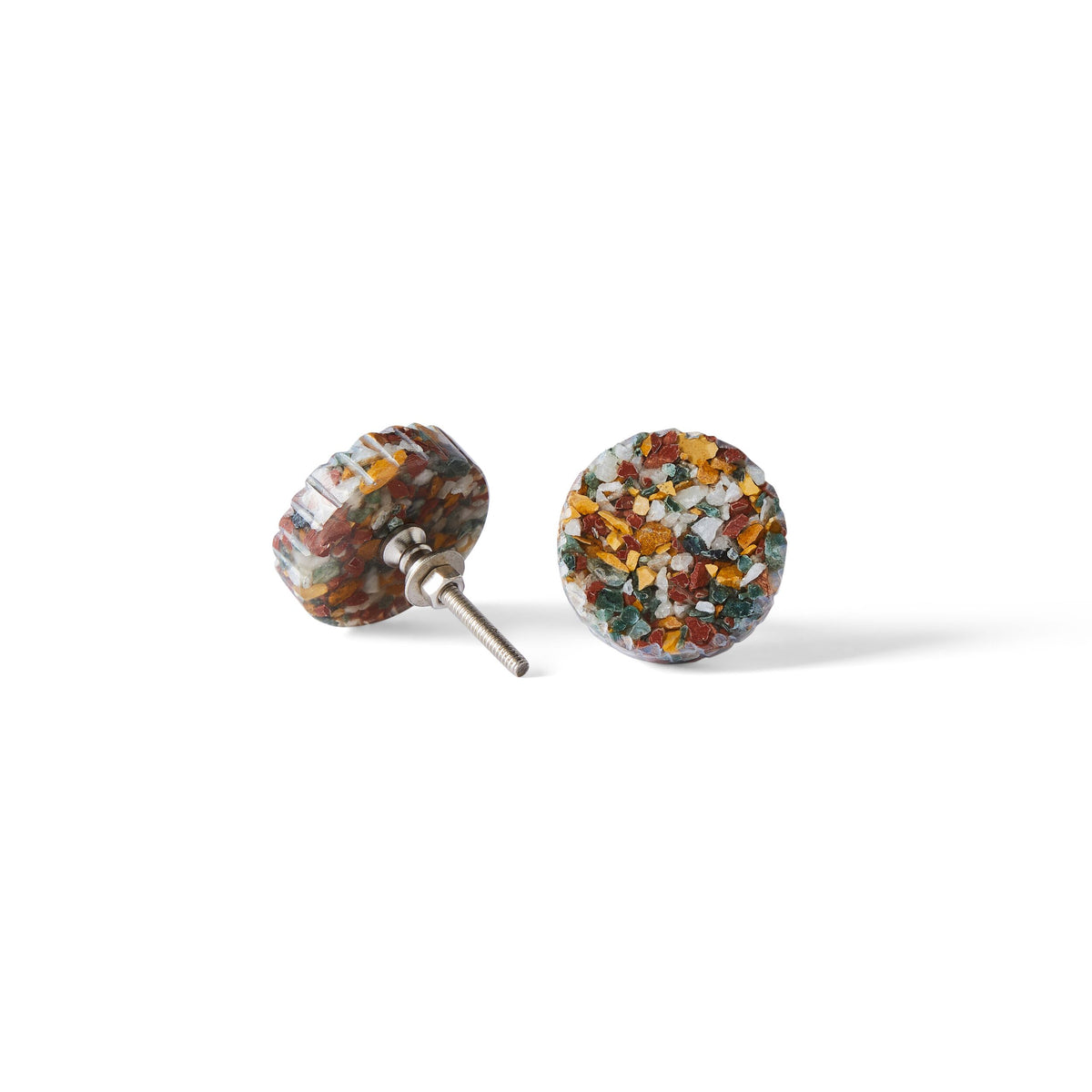 These round stud earrings feature a colorful terrazzo pattern inspired by the Speckle Multi Color Knob 4.2cm, with yellow, orange, blue, and green fragments on white—bringing home decor charm to your style.