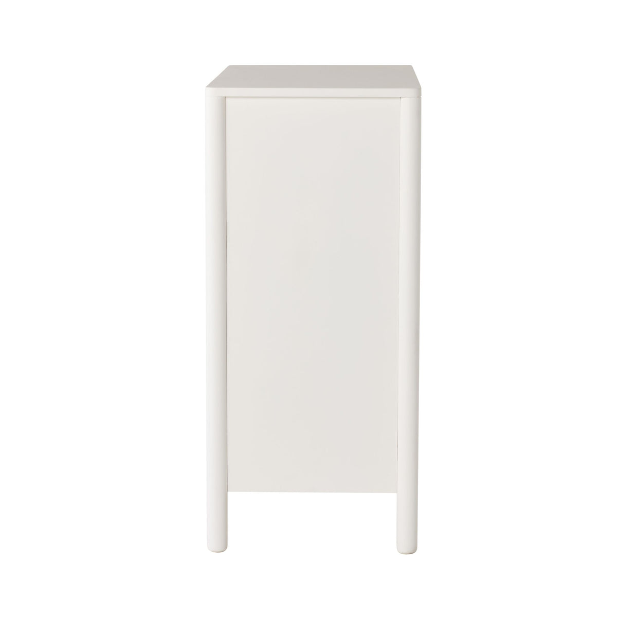 Side view of the Spintara 4 Drawer Chest White, featuring rounded corners and four straight legs, ideal for bedroom storage, photographed against a white background.