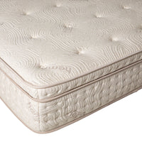 Close-up of the Annie Premium Mattress Double, showcasing its beige textured fabric with stitched patterns, quilted padded surface, visible seams, tufted buttons, and a 5-zone pocket spring system for superior support.