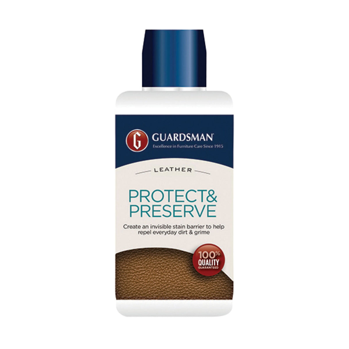 A 250ml bottle of Guardsman Leather Protector with a blue cap and label, offering stain resistance for furniture care, and marked with a 100% quality seal.