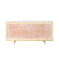 The Deva 4 Door Buffet (170 x 80 x 43cm) features a modern design with a light white washed mango wood frame, blush pink front panels, and gold metal legs, shown against a white background.