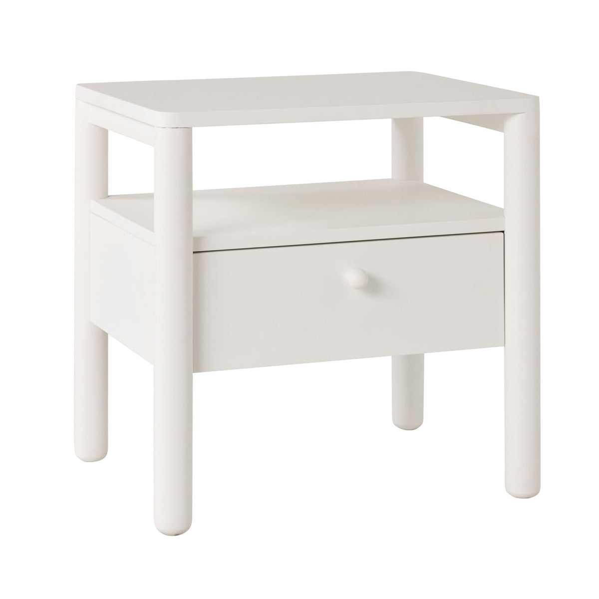 The Spintara 1 Drawer Bedside Table White features rounded legs, a single drawer, and an open shelf above the drawer, capturing coastal country style and shown against a white background.
