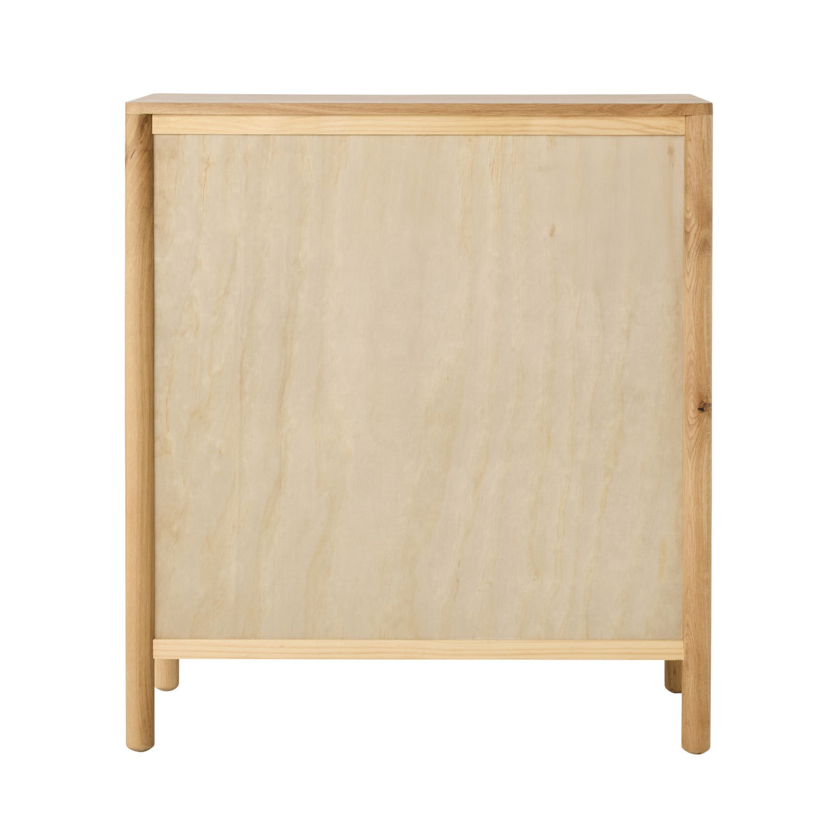A wooden cabinet with a light oak rectangular front panel and four legs, viewed from the front, features a simple, minimal design—perfect as the Spintara 4 Drawer Chest Light Oak to complement your oak bedroom furniture.