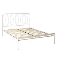 Maya Queen Bed: Featuring a white metal frame with timber slats, oval-patterned headboard, and powder-coated finish.