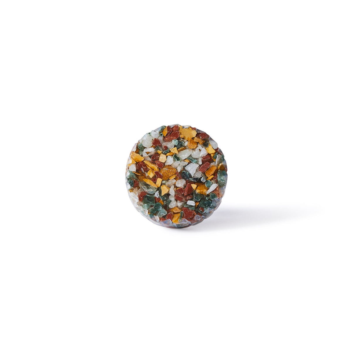 The Speckle Multi Color Knob 4.2cm features a round shape with a top covered in vibrant, irregular pieces, perfect for adding a playful accent to your home decor. Shown against a plain white background.