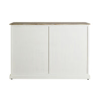 The Maldon 9 Drawer Chest features a white wooden frame with a flat brown acacia timber top and two sliding front doors, set against a white backdrop—ideal for Hamptons style interiors.