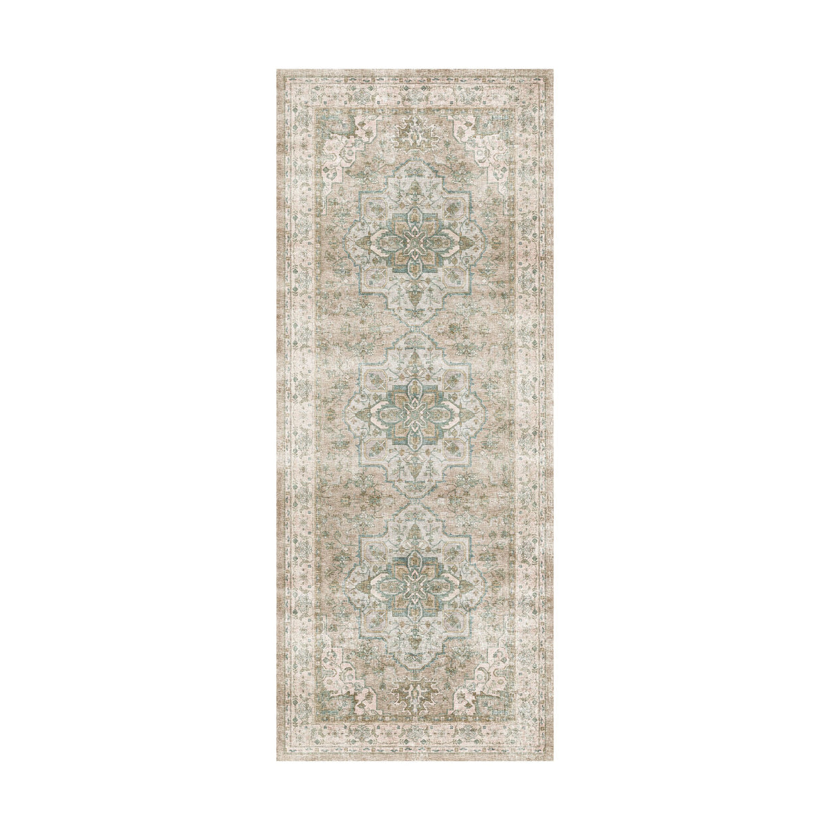 The Manisa Washable Runner 80x200cm is a rectangular Persian-style rug with a faded beige base, three blue and cream central medallions, a subtle floral border, and a 7mm pile height for added comfort underfoot.
