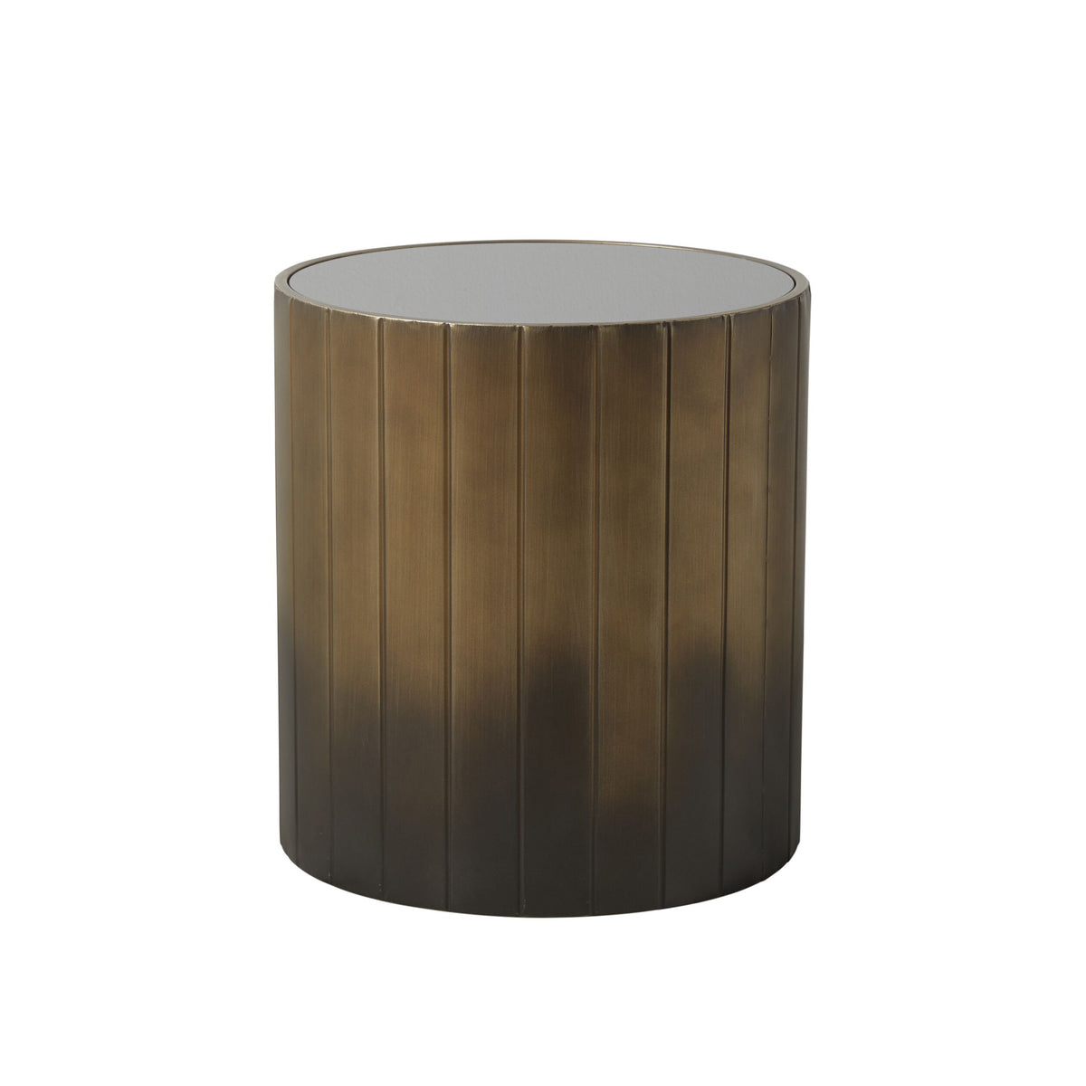The Lola Drum Side Table 42x42x45cm is a round bronze metal accent with vertical panel details and a sleek powder-coated finish, shown against a white background.