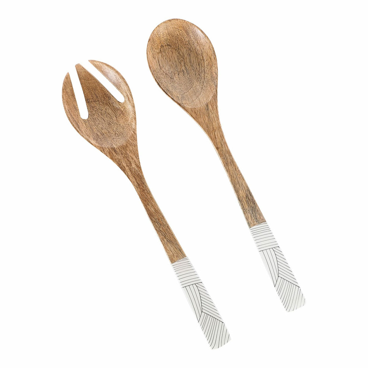 The Arlo Wooden Servers, each measuring 33.5x7x2.5cm, include a slotted and solid spoon crafted from mango wood with patterned white handles, exuding rustic charm against a crisp white backdrop.