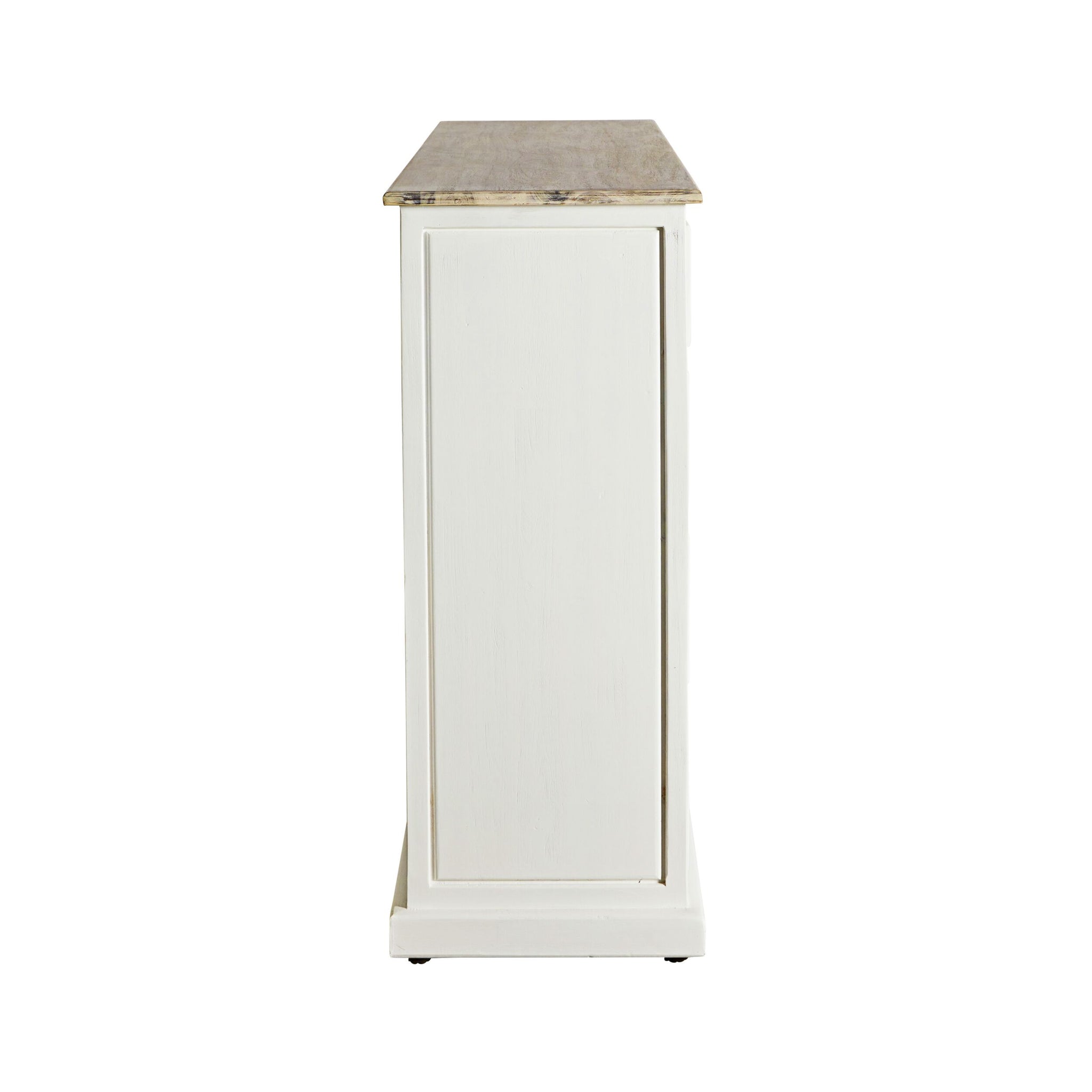 Side view of the Maldon 9 Drawer Chest, featuring a rectangular white design with an acacia timber top, photographed against a plain white background—ideal for introducing Hamptons style to your space.