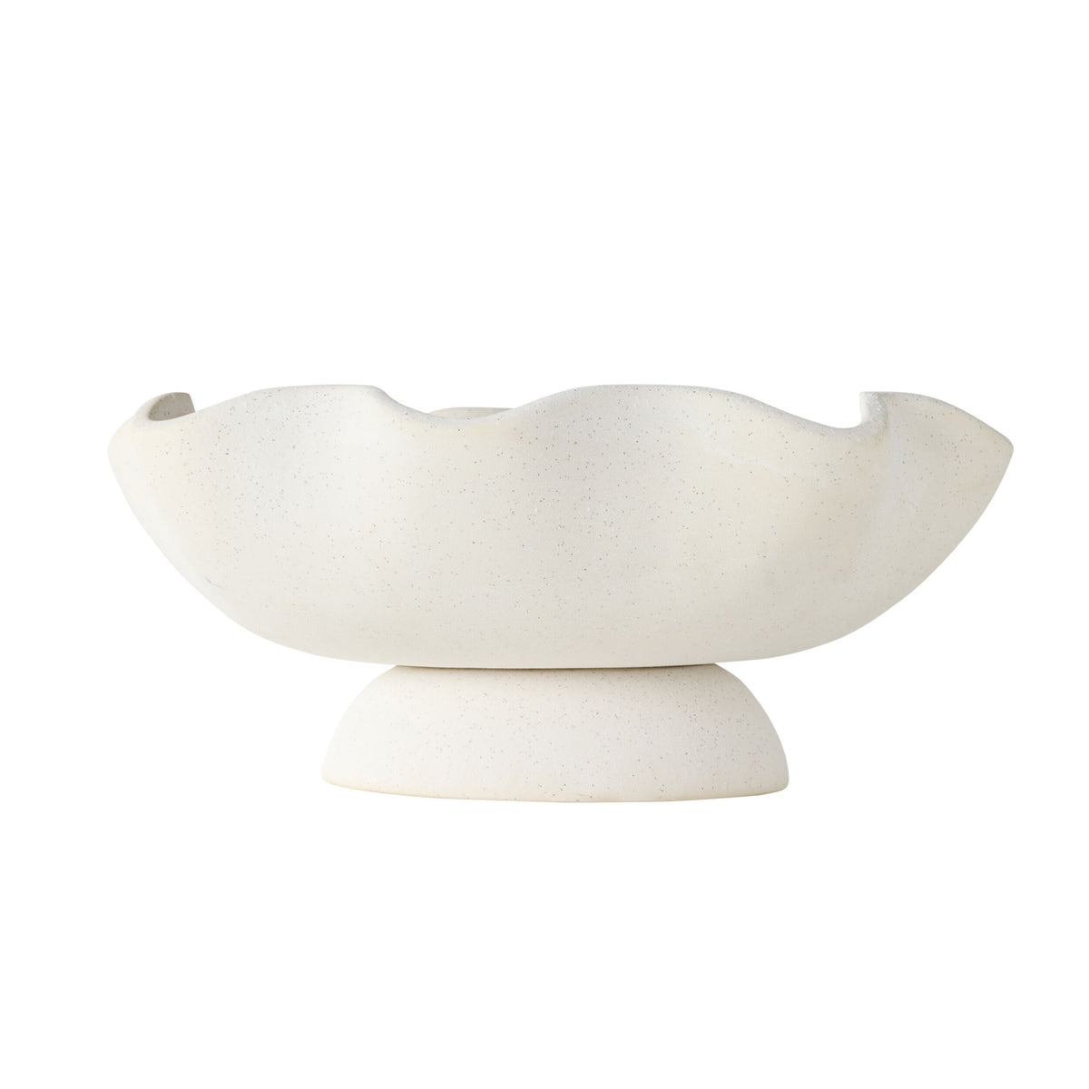 The Tranquil Wavy Pedestal Bowl is a decorative white sand clay centrepiece with a wavy, uneven rim, elegantly set atop a rounded pedestal base.