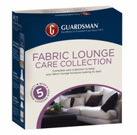 Guardsman Fabric Lounge Care Kit with 5 Year Warranty 5-8 Seats box showing the product name, warranty badge, a living room sofa image, and includes Fabric Protector Spray for long-lasting care and protection.