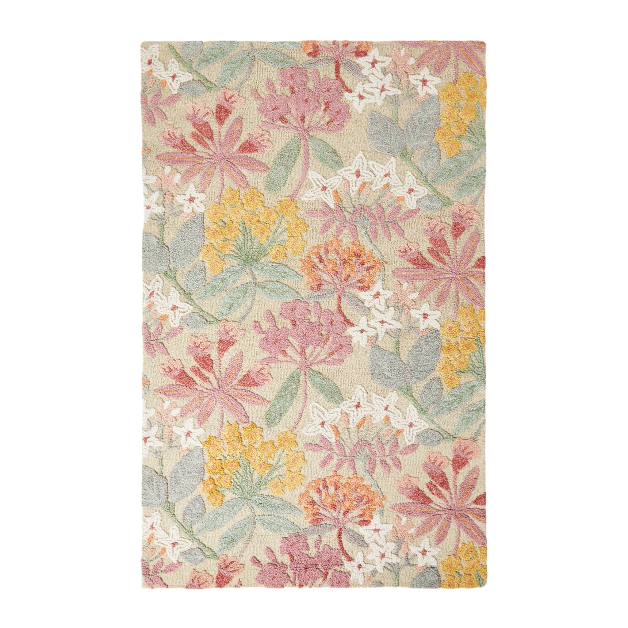 Introducing the Botanic Native Rug 240x150cm: a hand-tufted, rectangular masterpiece made from 100% wool, featuring a stunning floral design with pink, yellow, white flowers and lush green leaves on a soothing beige background.
