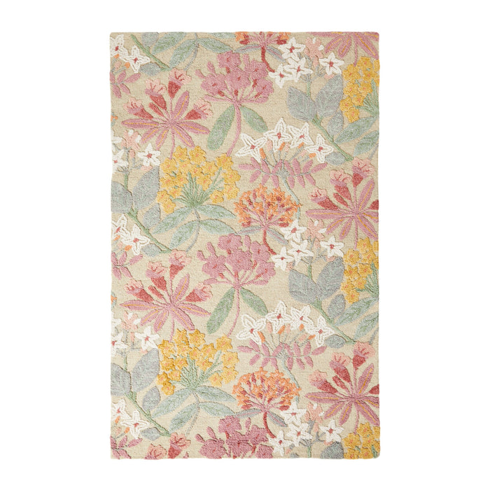 Introducing the Botanic Native Rug 240x150cm: a hand-tufted, rectangular masterpiece made from 100% wool, featuring a stunning floral design with pink, yellow, white flowers and lush green leaves on a soothing beige background.