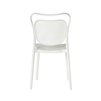 The Frankie Dining Chair White showcases a curved backrest and perforated pattern, made from durable polypropylene. Displayed from the back on a plain white background.