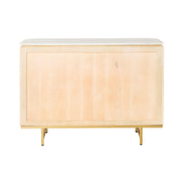 The Deva 2 Door Buffet (114 x 80 x 43cm) is a wooden sideboard made from whitewashed mango wood with a light finish, minimal brass legs, and an optional marble top, viewed frontally against a white background.